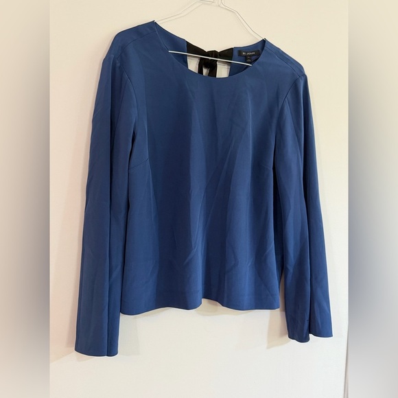 NWT St. John Women's Large Blue Silk Blouse Black Tie Slit Sleeve Cocktail Party - Picture 3 of 11